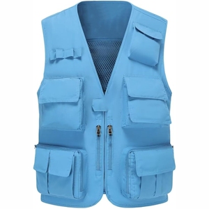 <b>Men's</b> Blue Casual Work <b>Vest</b> V-Neck Zipper Closure Multiple Pockets Breathable Polyester Outerwear Summer Style - Product Image 4