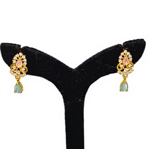 Authentic 22K Solid Gold Drop <b>Earrings</b> for Women with Floral Design and Pink <b>Green</b> Stones Wedding & Anniversary Jewelry - Product Image 1