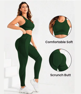 Women Solid Color Seamless Yoga Sports Bra Set Medium Support <b>Long</b> Sleeve Crop Top With High Waist Leggings For Fitness Yoga - Product Image 2