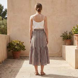 Women Red Leaf Block Print Cotton Ruffle Midi <b>Wrap</b> <b>Skirt</b> For Women Featuring Lightweight Fabric Modern Style Comfortable Fit - Product Image 3
