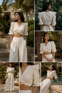 Ensemble de vacances deux pièces de qualité supérieure - Blouse élégante à manches bouffantes style bohème en lin/coton respirant et écologique - Product Image 2