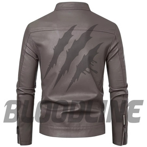 Chaqueta de Cuero PU para Hombre BLOODLINE, Corte Ajustado, Estilo Motero, Cierre de Cremallera, Cuello Alto, para Otoño - Product Image 4