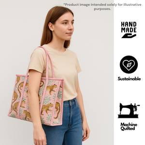 Bolso Tote de Algodón Acolchado con Estampado de Leopardo Rosa, Hecho a Mano en India, Sostenible, Duradero y Ligero para Oficina o Universidad - Product Image 4
