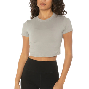 T-shirt court ajusté pour femme, manches courtes, col rond, extensible, décontracté, coupe slim, pour yoga, gym, fitness, vêtement de sport - Product Image 1