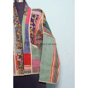 เสื้อแจ็คเก็ตคันธาทำมือสไตล์วินเทจสำหรับผู้หญิง แขนยาว คอวี ผลิตจากผ้าฝ้ายอินเดียถักทอแบบเป็นมิตรต่อสิ่งแวดล้อม ปักลาย ตกแต่งด้วยงานปักมือ เหมาะสำหรับฤดูใบไม้ร่วงและฤดูหนาว - Product Image 2