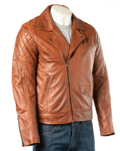 Veste moto en cuir véritable pour homme, marron, matelassée, fermeture éclair aux épaules, col rabattu, coupe classique, style automne - Product Image 1