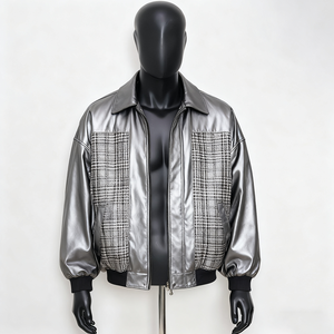 2026 Men <b>Silver</b> Metallic PU Leather Bomber <b>Jacket</b> Plaid Patchwork Streetwear Hip Hop Turn-down Collar Windbreaker Zipper Coat - Product Image 1
