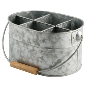 Organizador de cubiertos ovalado de acero galvanizado estilo rústico con 6 compartimentos y asa de madera para cocina y comedor - Product Image 6