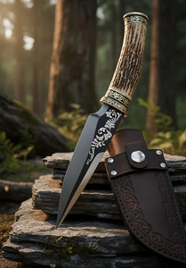 Cuchillo celta con mango de asta de ciervo y funda de cuero repujado, hoja negra, estilo nórdico - Product Image 2