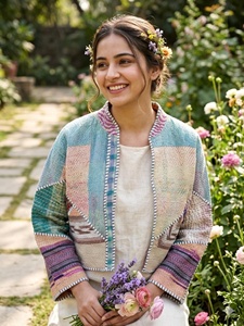 Vintage <b>Kantha</b> Quilt <b>Jacket</b> Handmade Reversible Bohemian Coat Jaif Textiles Rajasthan Origin Horn Buttons Short Sleeves Winter - Product Image 3