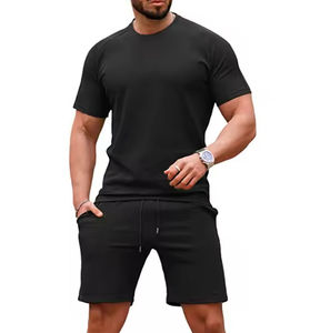 Ensemble T-shirt et short d'été pour homme, 100% coton écologique, tricoté, imprimé numériquement, brodé, col rond, uni, léger, 250g - Product Image 1