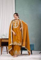 Elegante Completo Donna in Seta Chiffon con Ricami e Paillettes, Top, Palazzo e Dupatta Color Menta per Matrimoni, Diwali, Feste, Reversibile, Protezione Solare