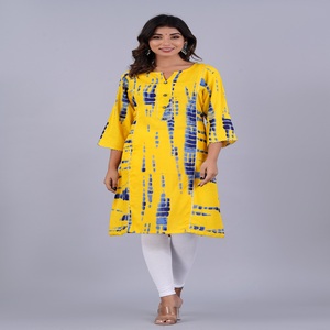 Women Yellow Tie <b>Dye</b> Printed Kurti with , 3/4 Sleeves Casual Ethnic Wear Straight Kurta for Daily Wear . - Product Image 1