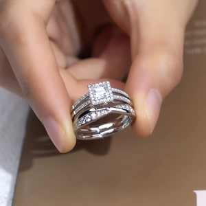 Princess Cut Diamond Engagement Ring Set 18K Gold Rhodium Plated Pave Setting Geometric Classic Style Unisex - Product Image 5