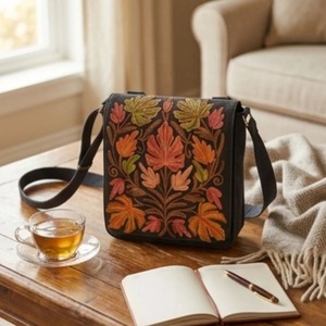 Sac messager brodé au point Crewel du Cachemire — Daim noir avec motif feuille de Chinar d'automne - Product Image 1
