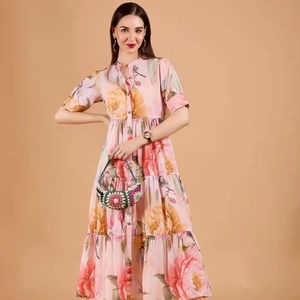 Vestido Maxi Formal con Estampado Floral, Corte Evase, Cuello Redondo, Encaje y Chifón, Elegante, para Fiesta, Verano, para Mujer - Product Image 1