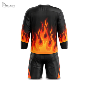 Ensemble de maillot de hockey sur glace personnalisé par sublimation, manches longues, uniforme de hockey unisexe et short de protection, kit flamme de feu, n'importe quel design/couleur - Product Image 3