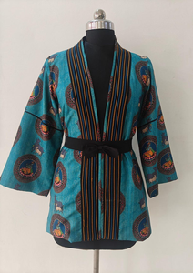 Kimono Estampado para Mujer al por Mayor, Chaqueta Boho Azul Turquesa con Mangas Acampanadas y Cintura Ajustable, Seda Tussar Estampada Teal - Product Image 5