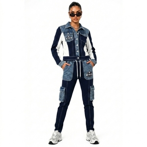 Ensemble pantalon et veste en jean décontracté pour femme, style streetwear, coupe oversize, longueur intégrale, deux pièces tendance - Product Image 1