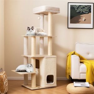 Arbre à chat en bois de 63 pouces avec condo à 2 étages, 5 poteaux à gratter en sisal, capacité de 44 lb par niveau, griffoir intérieur en bambou - Product Image 6