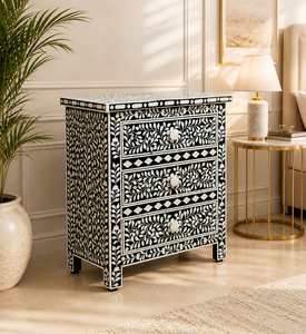 Bone Inlay Nightstand 2 Drawer Bedside <b>Table</b> Black <b>White</b> Wood Storage Cabinet for Bedroom Living Room - Product Image 2