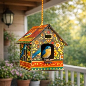 Mangeoire à oiseaux artisanale en bois de manguier - Design folklorique blanchi vieilli - Vente en gros - Product Image 2