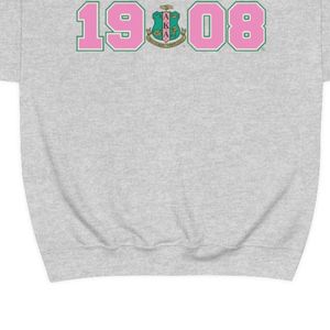 Heather Gray Crewneck Sweatshirt with Pink and <b>Green</b> 1908 Graphic Print Long Sleeve Cotton Fleece Casual Women's Pullover - Product Image 5