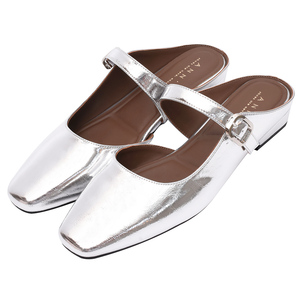 Ann'S Square Toe <b>Backless</b> <b>Loafers</b> Mary Jane Mule Shoes Low Heel Slip On Silver Flats - Product Image 1