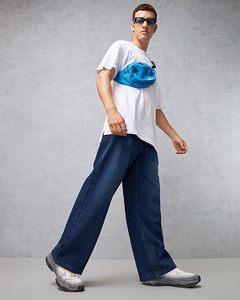 Jean en denim 100% coton pour homme, taille mi-haute, coupe ample, jambe large, délavé, couleur unie, décontracté, écologique, effet usé - Product Image 6