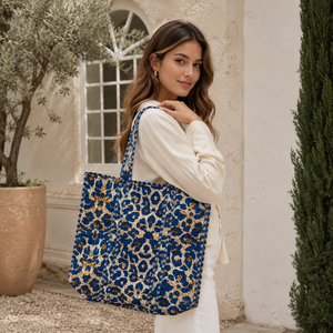 Artisan Blue Animal Print Vintage Tote <b>Bag</b> Large Quilted Cotton Shoulder Shopper <b>Women</b> Market Travel <b>Beach</b> Everyday Carryall - Product Image 4