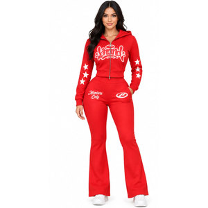 Nouveautés : Survêtement rouge à capuche pour femme, fermeture éclair intégrale, style streetwear décontracté avec poches latérales, impression par transfert thermique - Product Image 2