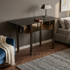 Mesa de Comedor Moderna con Patrón de Espiga y Estructura Metálica Curvada para Hogares y Hoteles de Lujo - Product Image 3