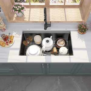 Lavello da cucina sottopiano in acciaio inox calibro 16, fatto a mano, 81x48 cm, nero gunmetal, con 32 fori per rubinetti - Product Image 3