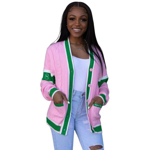 A|K|A Embroidered <b>Cable</b> <b>Knit</b> Acrylic <b>Cardigan</b> Women's Greek Letter Sweater Button Down Premium Soft Cozy Stylish Casual Wear - Product Image 2
