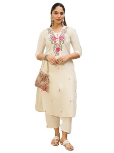 Vestido Midi Informal de Verano para Mujer, de Algodón Khadi, con Bordado Floral Moderno, Estilo Tradicional Indio, Corte Regular, Secado Rápido, Protección Solar - Product Image 1
