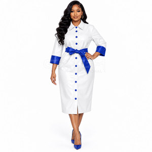 Robe chemise blanche Cosh International Sorority Sisterhood avec poignets contrastants bleus et ceinture, longueur genou, tenue de bureau professionnelle - Product Image 3