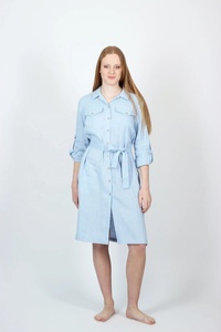 New Arrival Eco-Friendly Light Blue Cotton A-Line Shirt <b>Dress</b> <b>Below</b> <b>the</b> <b>Knee</b> Casual Long Sleeved Midi Summer <b>Dress</b> Women - Product Image 5
