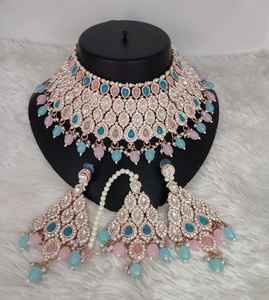 Luxury Rose Gold Plated <b>Choker</b> Necklaces Earring Maang Tikka Bollywood Style Ethnic Wedding Wholesale Handcrafted <b>Choker</b> Sets - Product Image 5