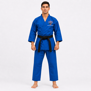Kimono de karaté bleu personnalisé pour homme adulte, 100% coton, uniforme d'entraînement durable avec ceinture noire et logo frontal - Product Image 1