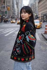 Chaqueta Boho Floral Bordada a Mano de Terciopelo Negro Unique Love para Mujer, Abrigo con Temática de Vida Marina Colorida, Regalo Festivo - Product Image 3