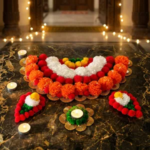Handmade Artificial Marigold Flower Rangoli Decoration with <b>Tealight</b> <b>Holders</b> for Diwali Wedding Festival Home Decor - Product Image 4