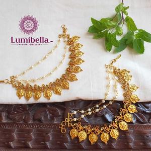 Fashion Dangle Earrings Temple Lakshmi Coin Style Ear Chain with White Pearls - Product Image 1