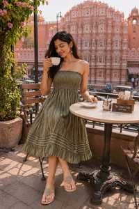 Olive Green Striped Strapless Modern 100% Cotton Summer <b>Dress</b> Shoulder Smocked Midi Sundress Casual Beach <b>Ruffle</b> Holiday - Product Image 5
