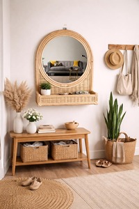 Boho Rattan <b>Mirror</b> With Storage Shelf Handmade Perfect <b>Vanity</b> <b>Mirror</b> With Shelf For <b>Makeup</b> And Skincare Items From India - Product Image 5