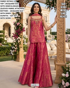 <b>Purple</b> Jacquard Silk Embroidered <b>Crop</b> <b>Top</b> With Beads Work Palazzo Set Women's Traditional Loose Fit Wedding Wear - Product Image 5