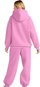 <b>Women</b> Pink Hooded Sweatshirt And <b>Joggers</b> Set Casual Loose Fit Full Length <b>Fleece</b> 2 Piece Tracksuit Solid Color All Seasons - Product Image 2