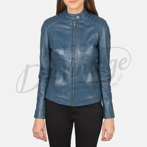 Blouson de motard en cuir véritable bleu pour femme, coupe ajustée, en peau de mouton souple, avec épaulettes matelassées, style mode - Product Image 3