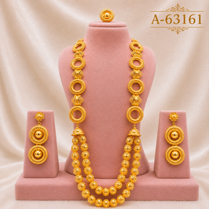ชุดสร้อยคอและต่างหูโกลเด้นบอลสำหรับผู้หญิง ชุบทอง 24K โลหะผสม เครื่องประดับงานแต่งงาน สไตล์คลาสสิก A-63158 - Product Image 3