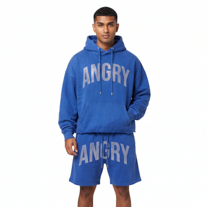 Ensemble short et sweat à capuche ample pour homme, 100 % polyester polaire, coupe décontractée, style streetwear, avec strass, manches longues, deux pièces - Product Image 1