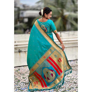 Sari en soie Paithani tissé Zari bleu aqua Elite Weaves, 650g, vêtements indiens et pakistanais - Product Image 4